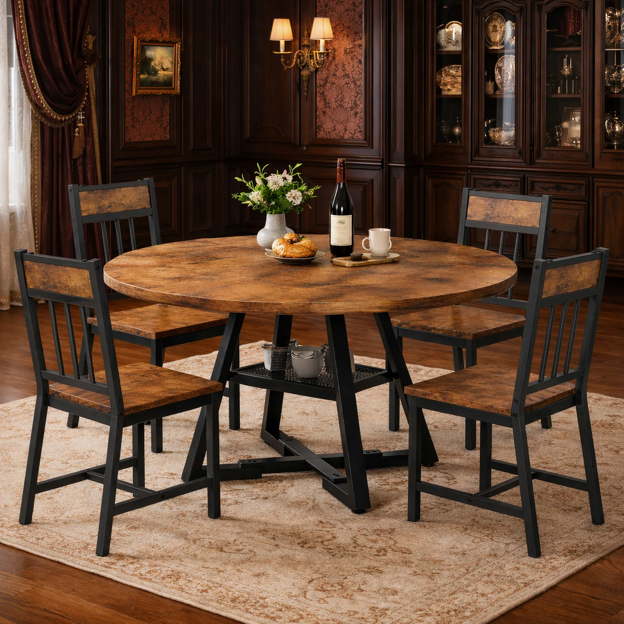 Superior 51 Inch Round Dining Table with 4 Industrial Chairs Rustic Brown Kitch Fine Crafted
