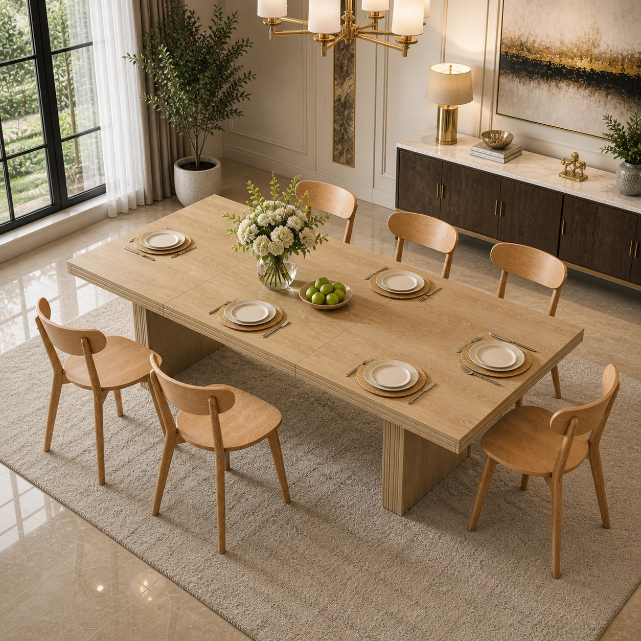 User-Friendly 63 Farmhouse Dining Table Set with 6 Solid Oak Dining Chairs Natural Elegant