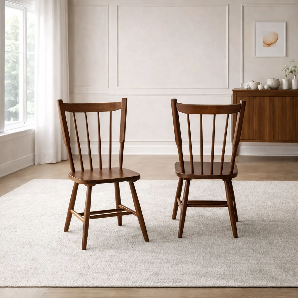 Versatile 47 Round Walnut Dining Table with 4 Windsor Spindle Back Chairs 5-Pie Fine Crafted