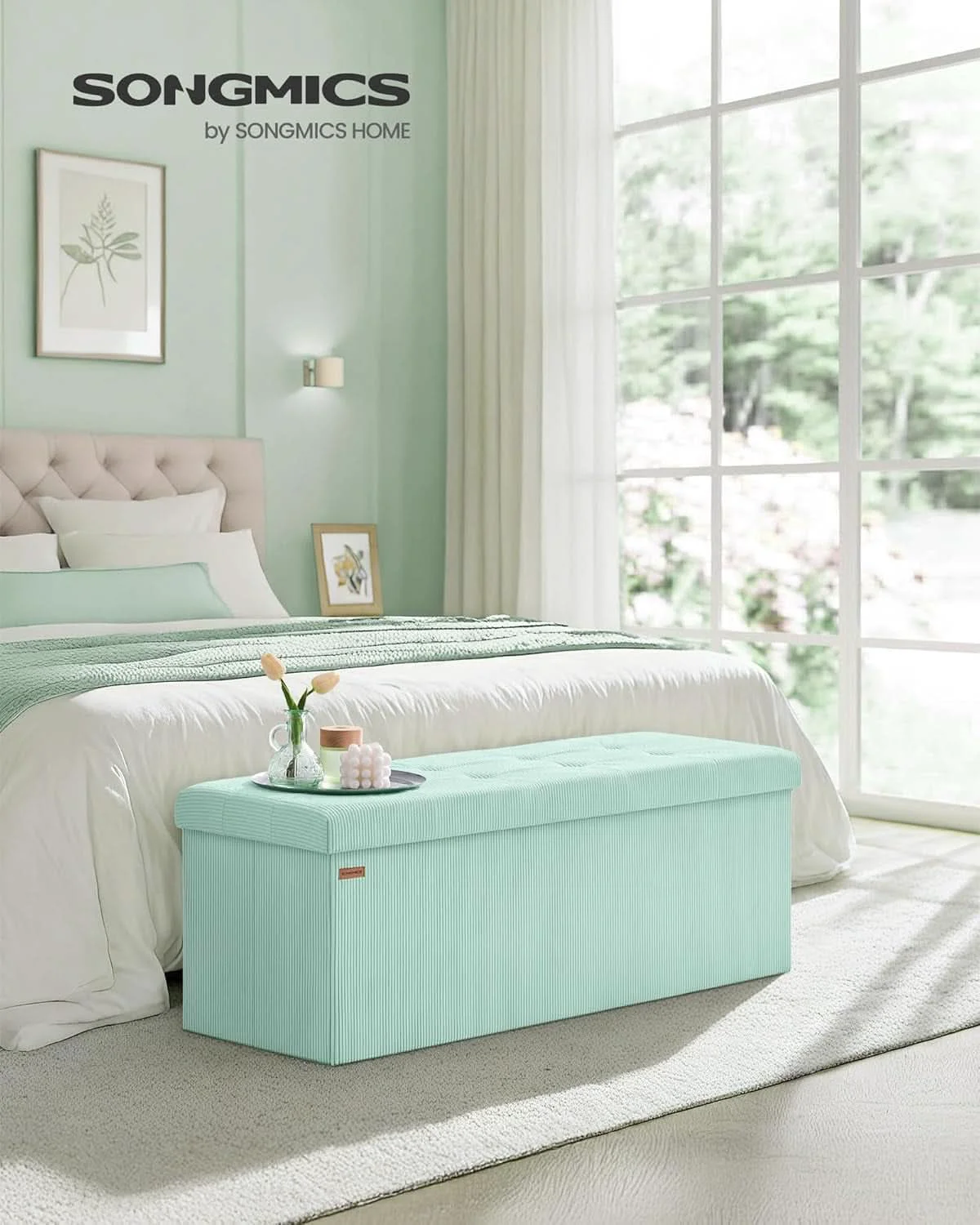 Advanced Moon light Green Foldable Storage Ottoman Bench Room Prestigious