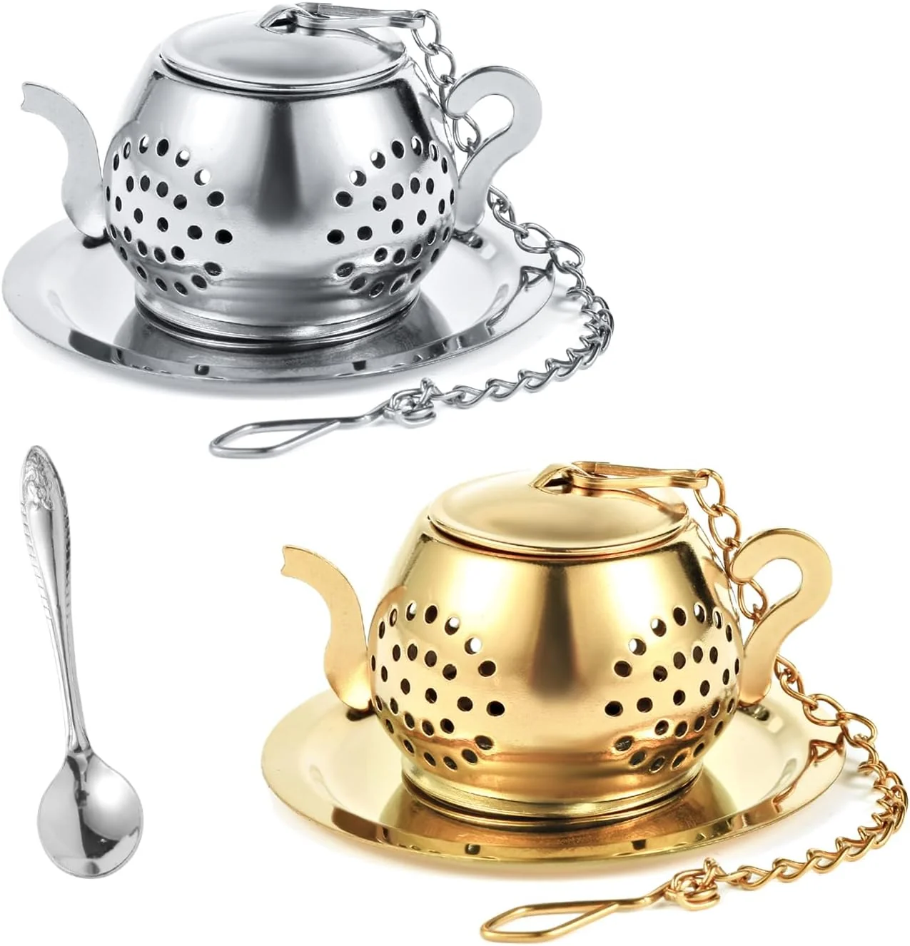 Original Design 2 Pack Tea Infusers with Spoon Loose Leaf Tea Strainer Teapot Design Cute Teapot Design 304 Stainless Steel Spoon Included for Loose Leaf Tea and Tea Lover Gifts Secure