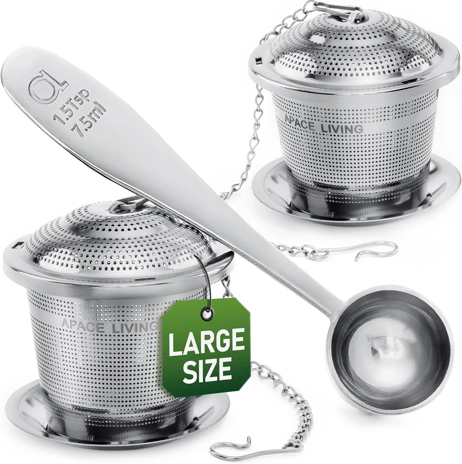 Elegant Large Tea Infuser Set of 2 with Tea Scoop and Drip Trays by Apace – Multi Cup Size Stainless Steel Loose Leaf Tea Strainer and Steeper Luxury