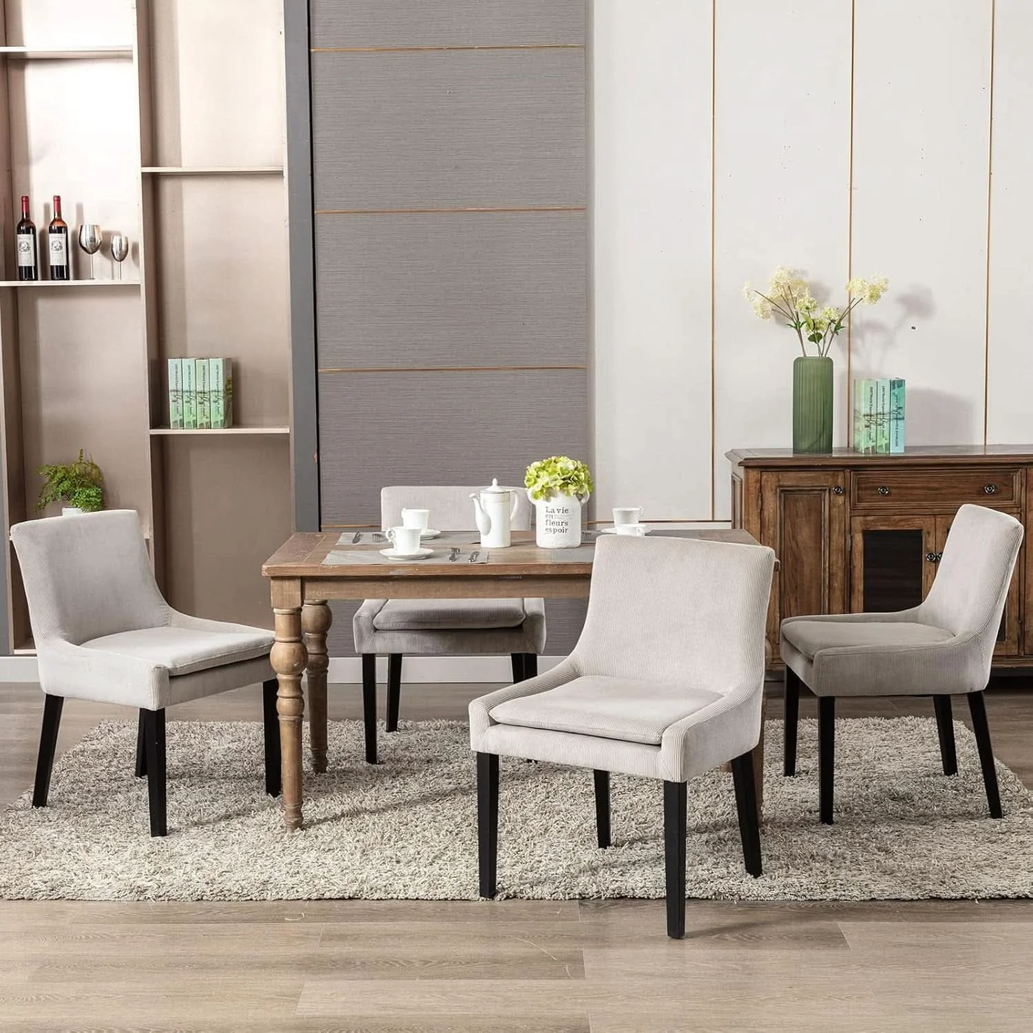 Practical Beige Upholstered Corduroy Dining Chairs Bundle Four Durable