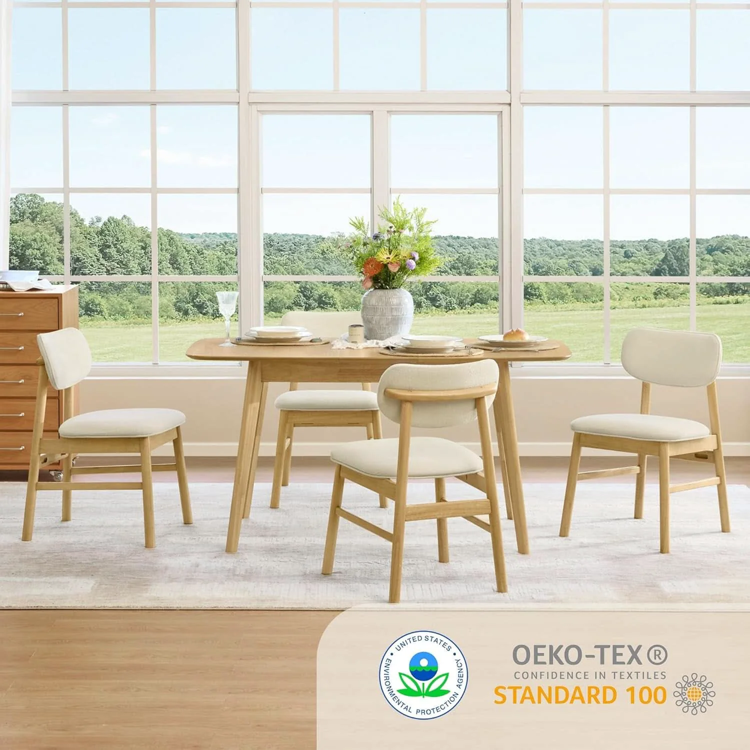 Breathable Cream Upholstered Dining Chairs Midcentury Oak Frame Crafted
