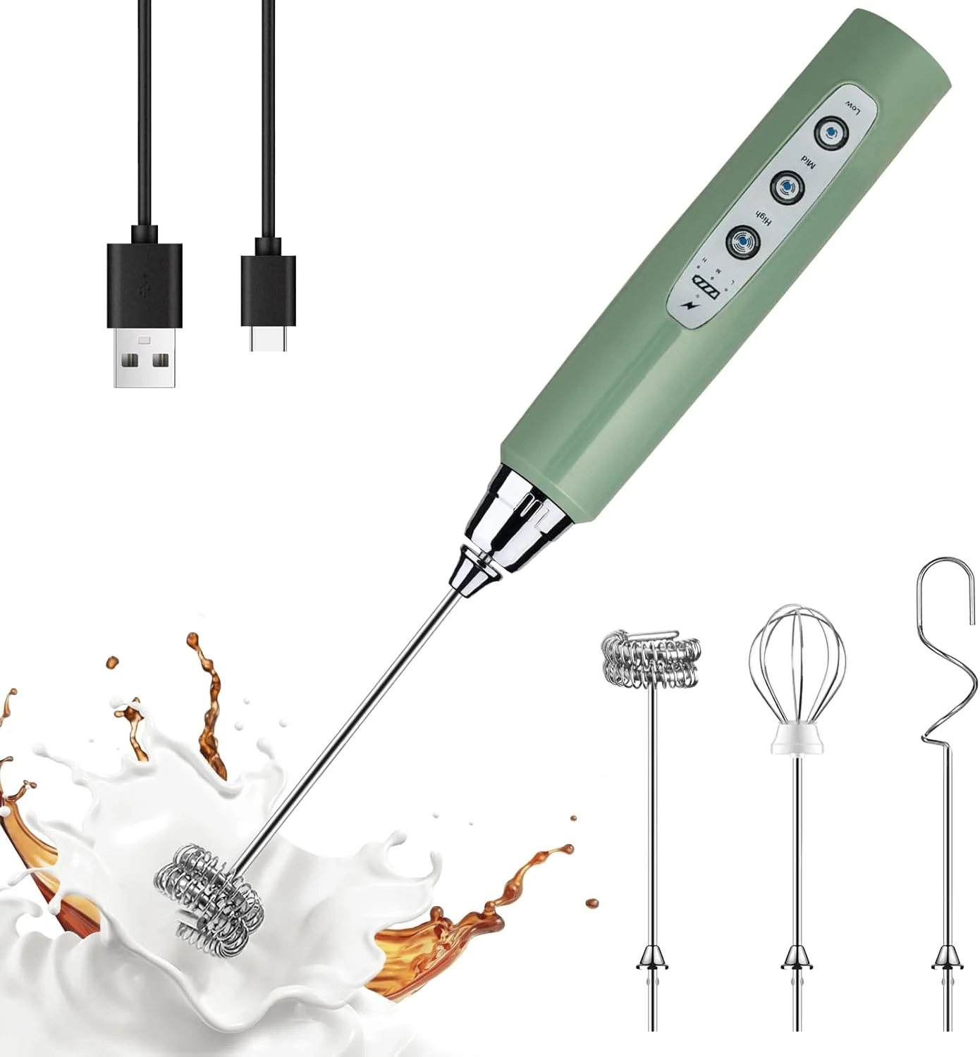 Convenient Yuswko Granite Green Handheld Milk Frother Wand for Coffee Rechargeable Electric Whisk with 3 Heads 3 Speeds Drink Mixer Coffee Frother For Latte Comfortable