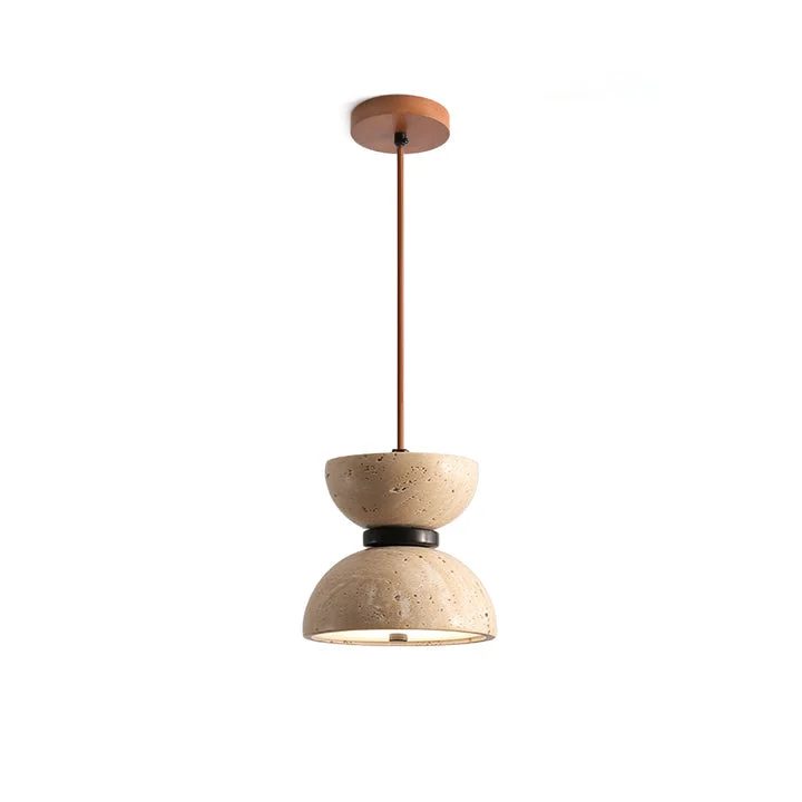 High-End Japanese Style Double Bowl Travertine Pendant Light Detailed