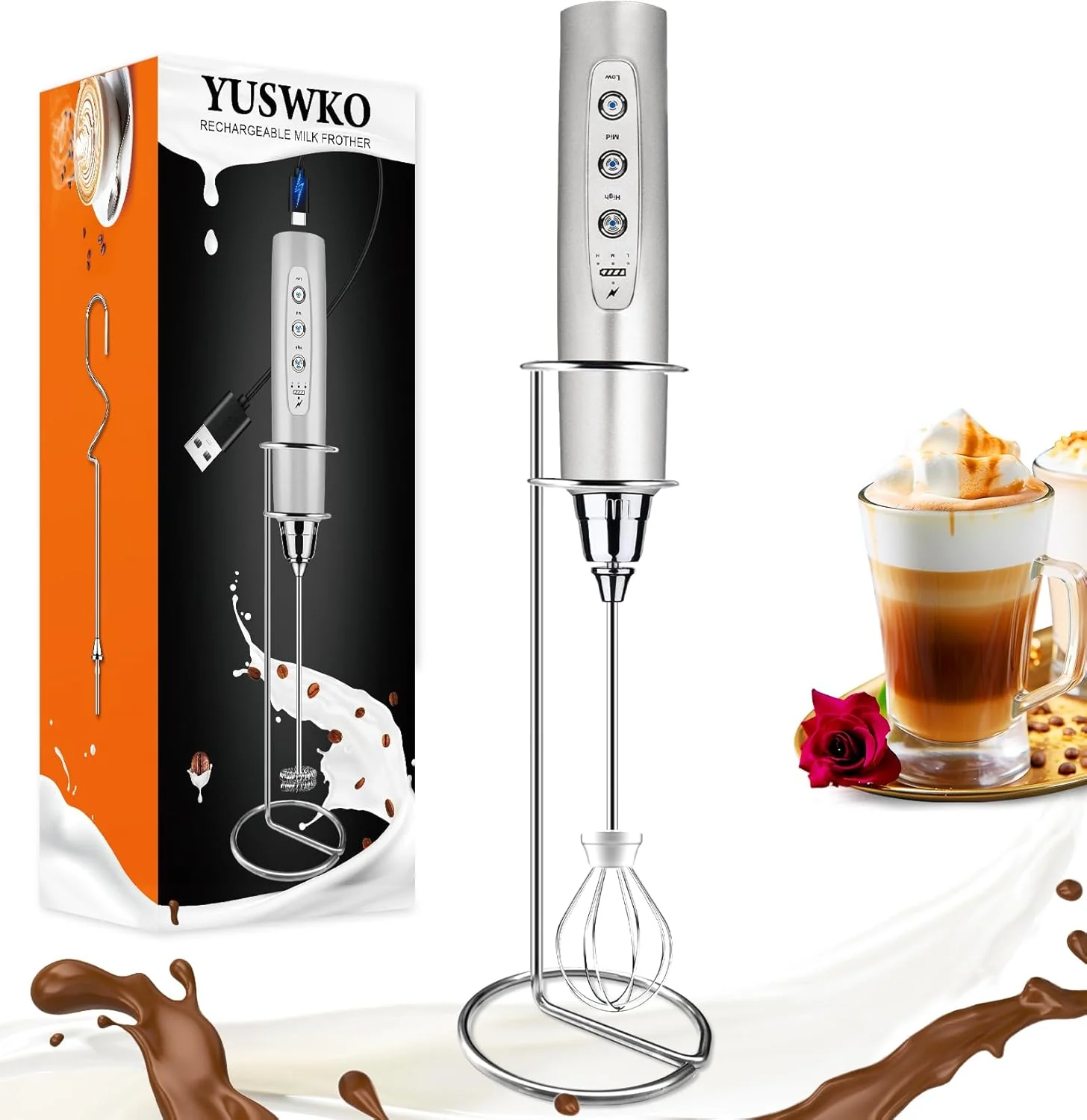 Efficient Yuswko Silver Rechargeable Milk Frother for Coffee with Stand Handheld Drink Mixer with 3 Heads 3 Speeds Electric Stirrers for Latte Cappuccino Refined