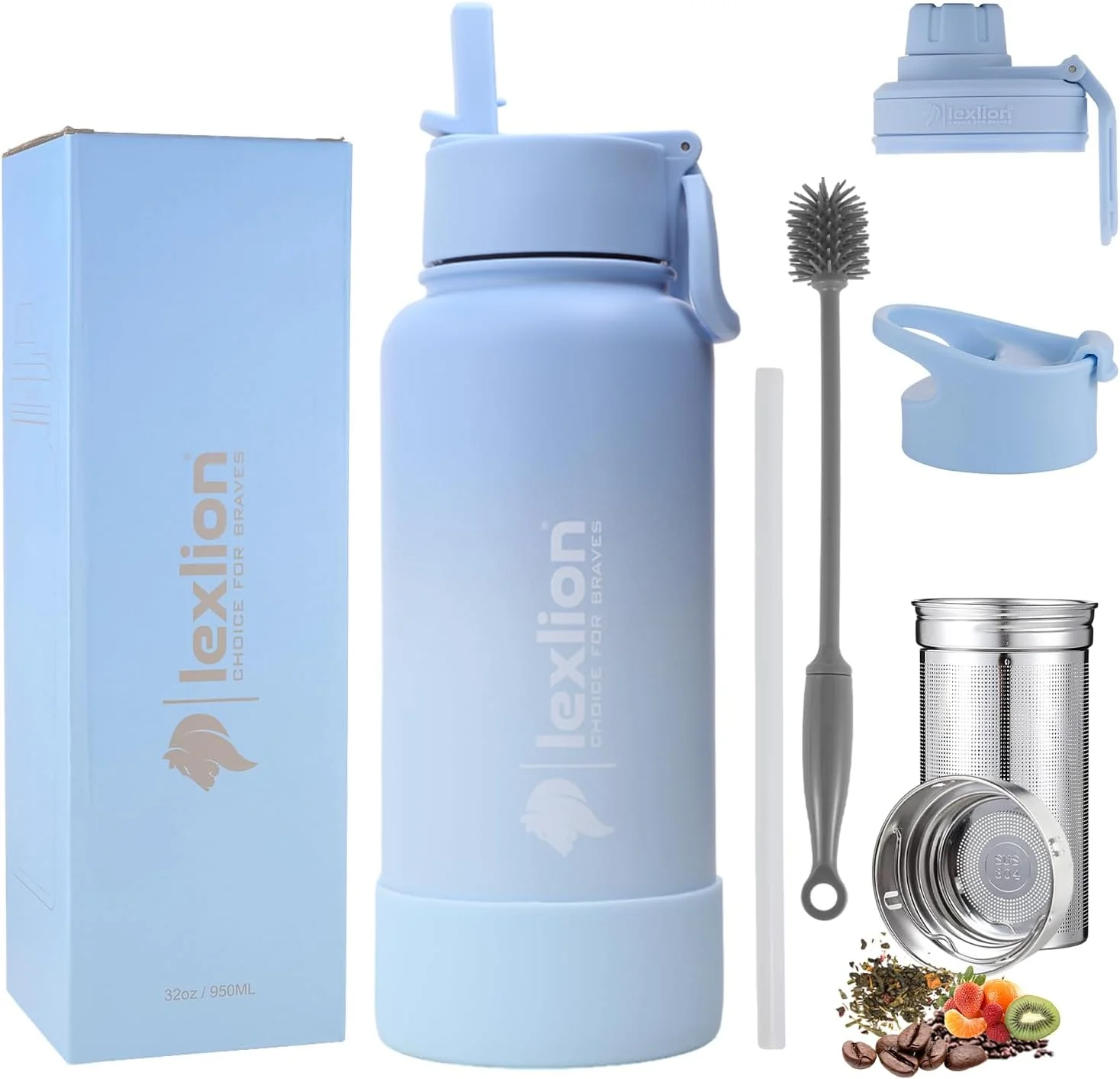 Artisan Lexlion 32 Oz Triple Walled Insulated Stainless Steel Fruit Infuser Bottle – Tea Infuser Water Bottle with 3 Lids Silicone Sleeve Leakproof Prestigious