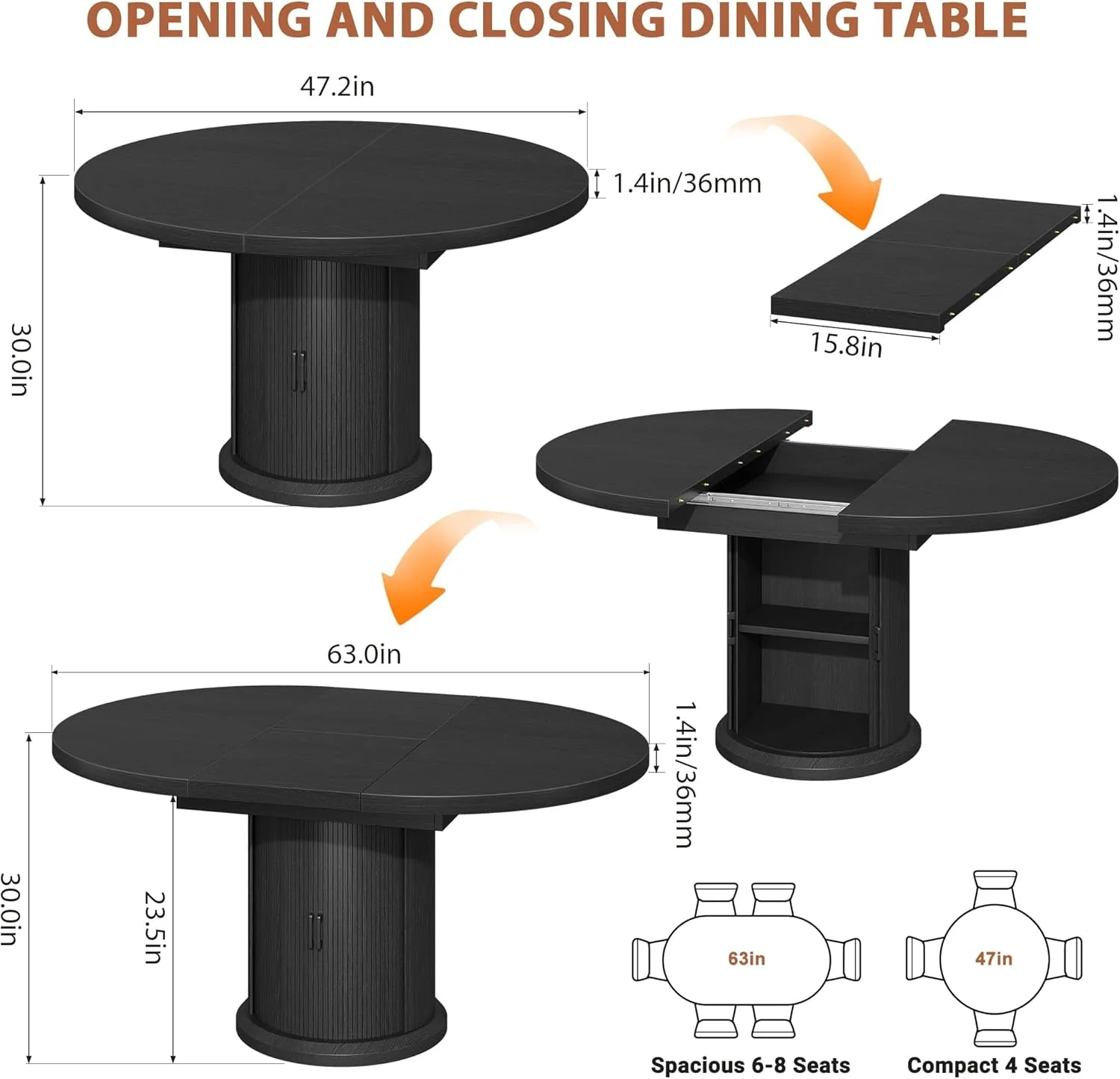 Smooth Black Extendable Round Dining Table Pedestal Storage Certified