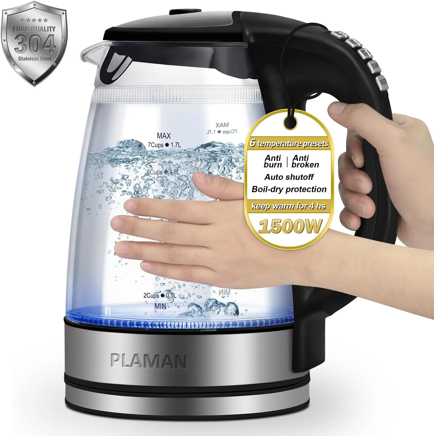 Cool Touch Electric Kettle with 6 Temp Presets for Tea Coffee 4H Keep Warm Borosilicate Glass Inner and PC Outer Wall BPA Auto Shut-off 1.7L 1500W Fast Boil for Home Office Versatile