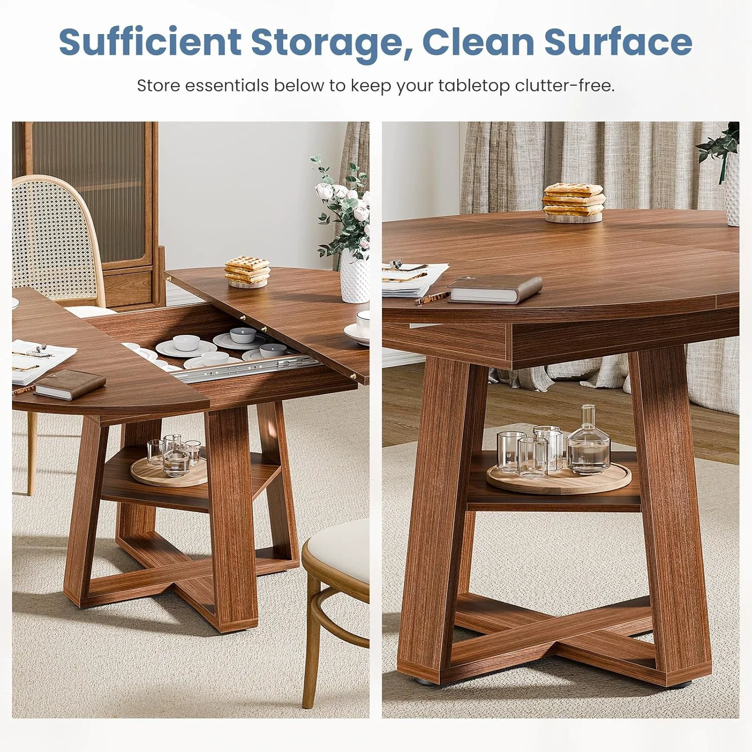 Versatile Chestnut Expandable Round Dining Table With Storage Clean
