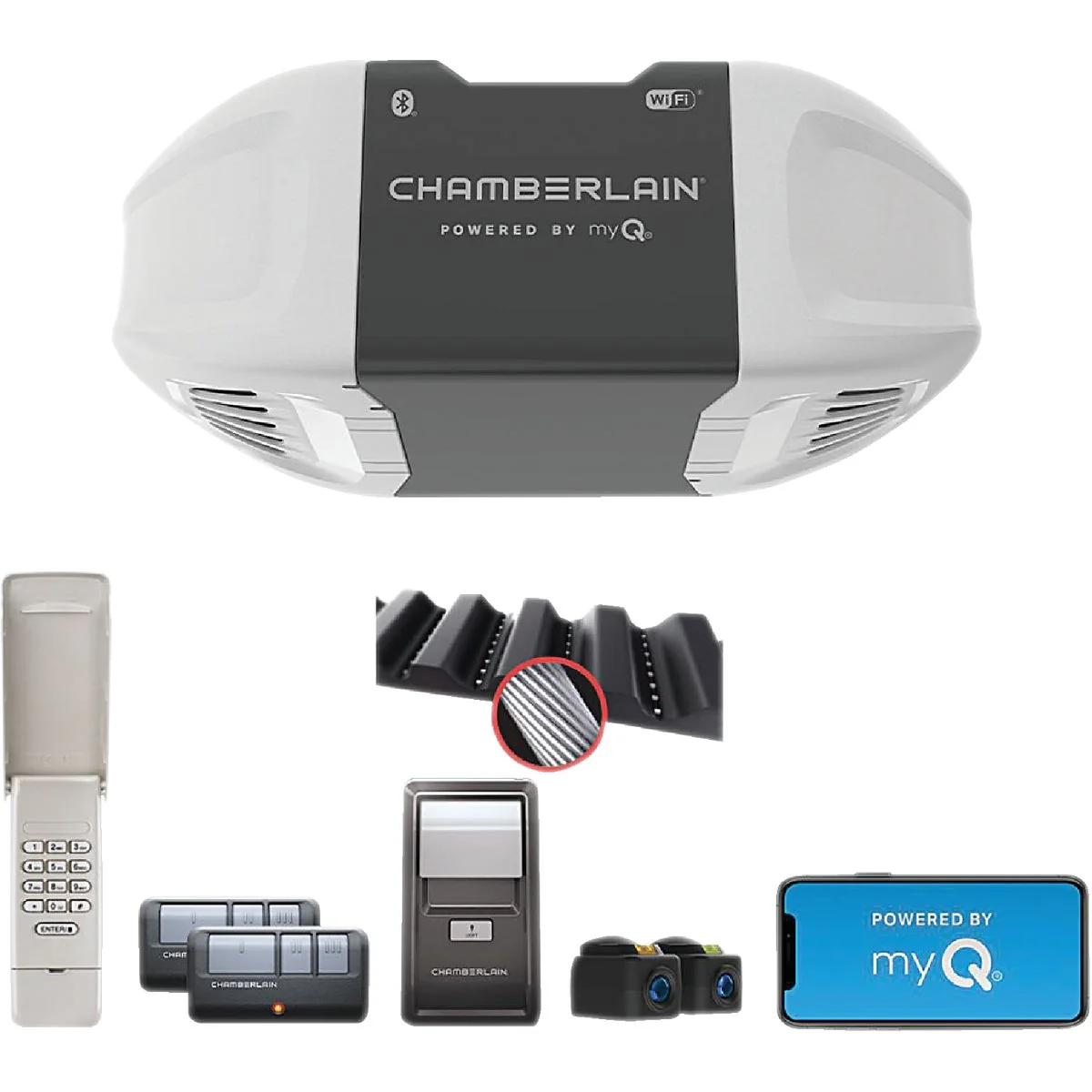 Versatile Chamberlain B2405 1 2 HP Smartphone-Controlled Ultra Quiet Strong Belt Drive Garage Door Opener with MED Lifting Power Reliable