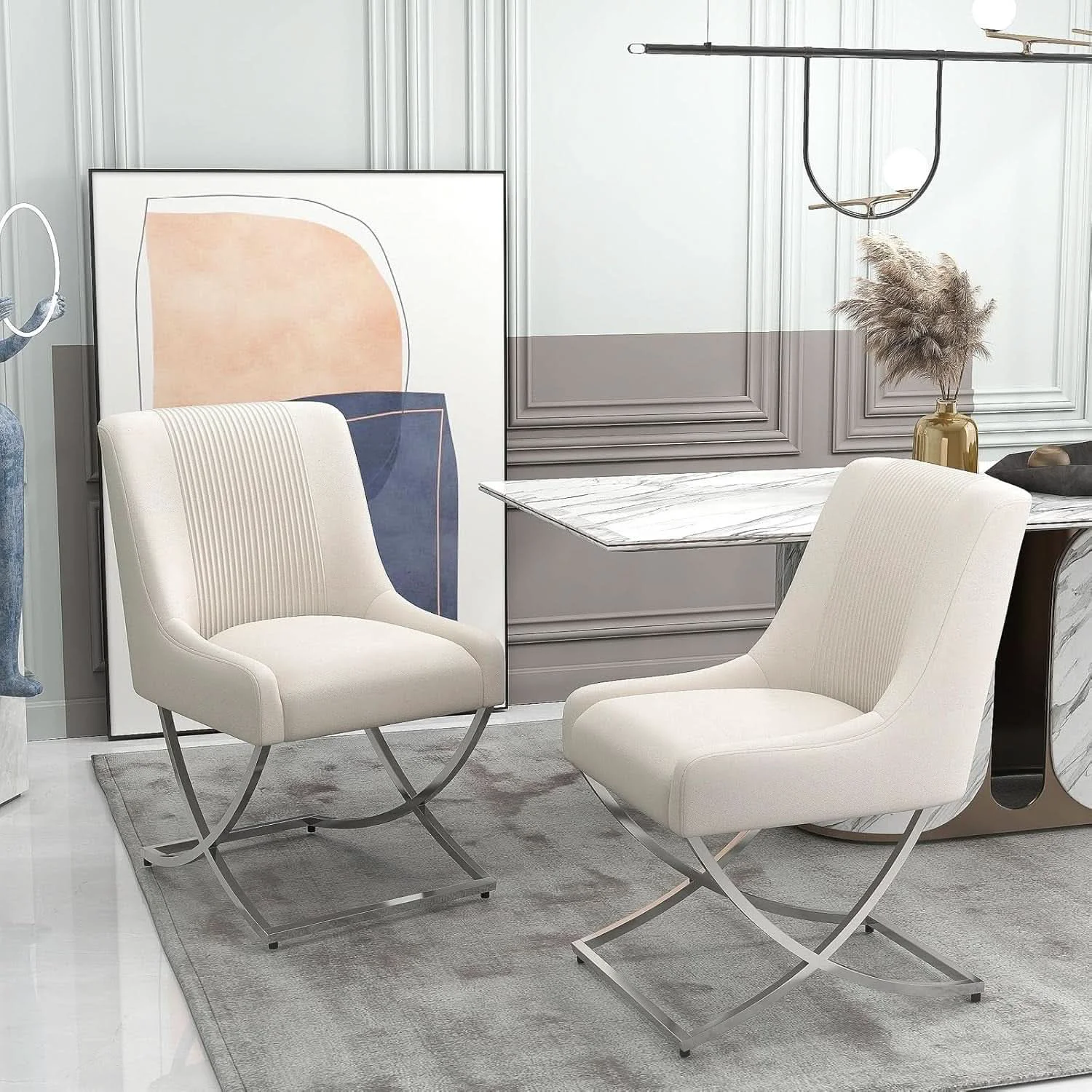 Elite Beige Velvet Upholstered Contemporary Dining Chair Duo Green