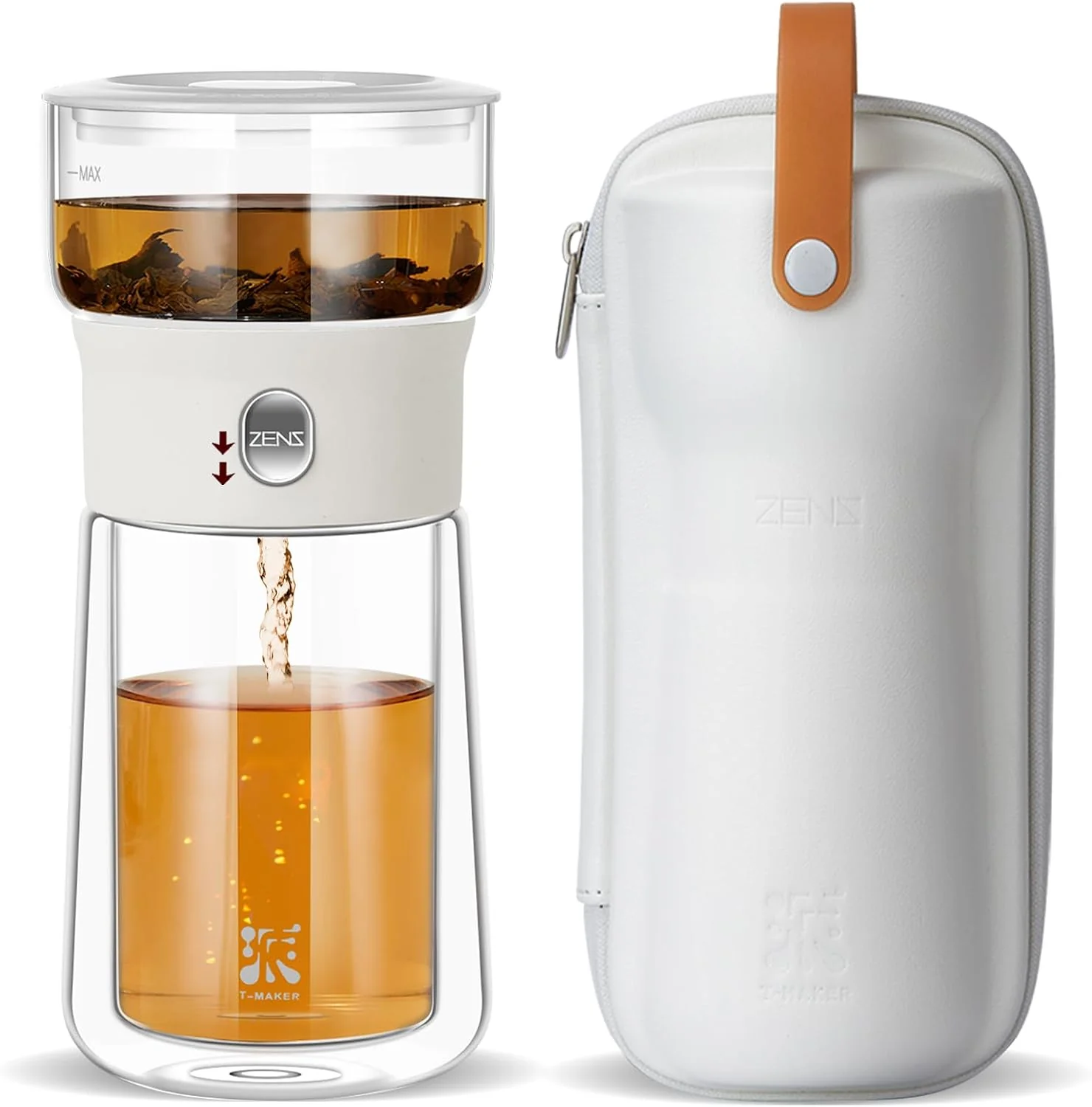 High-Grade ZENS Modern Glass Infuser Pot One Touch Tea Maker for Loose Leaf Tea Glass Teapot with Infuser Tea Infuser with 6.7oz Insulated Mug and Portable Case for Tea Lovers Gifts Sustainable