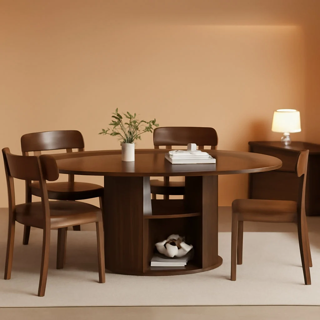 Superior Walnut Extendable Round Dining Table Hidden Storage Unique