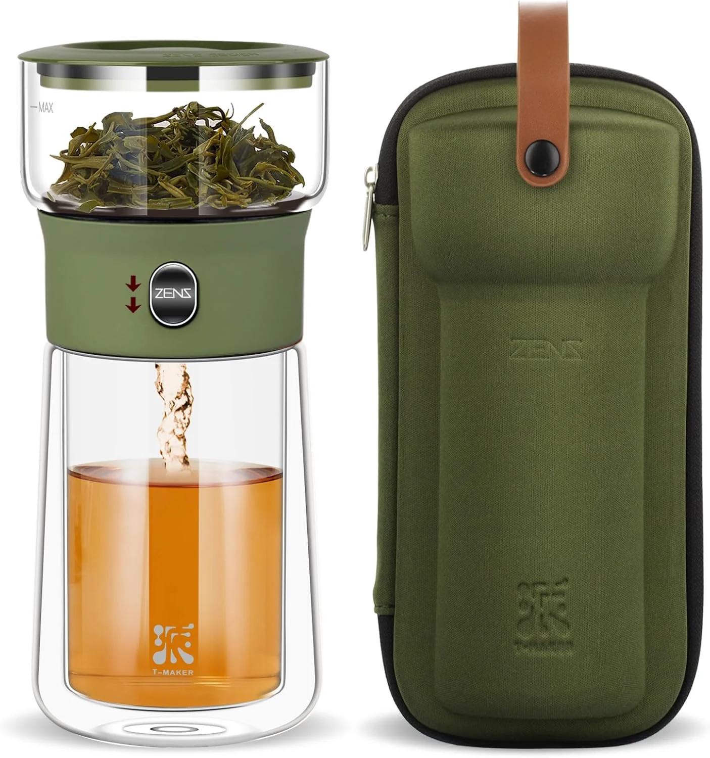 Recyclable Zens Modern Glass Infuser Teapot Smart One Touch Tea Maker for Loose Tea Diffusers with Insulated Mug and Portable Case Secure