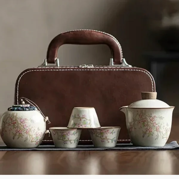 Contemporary Peach Blossom Ceramic Travel Tea Set with Case Easy-to-Use