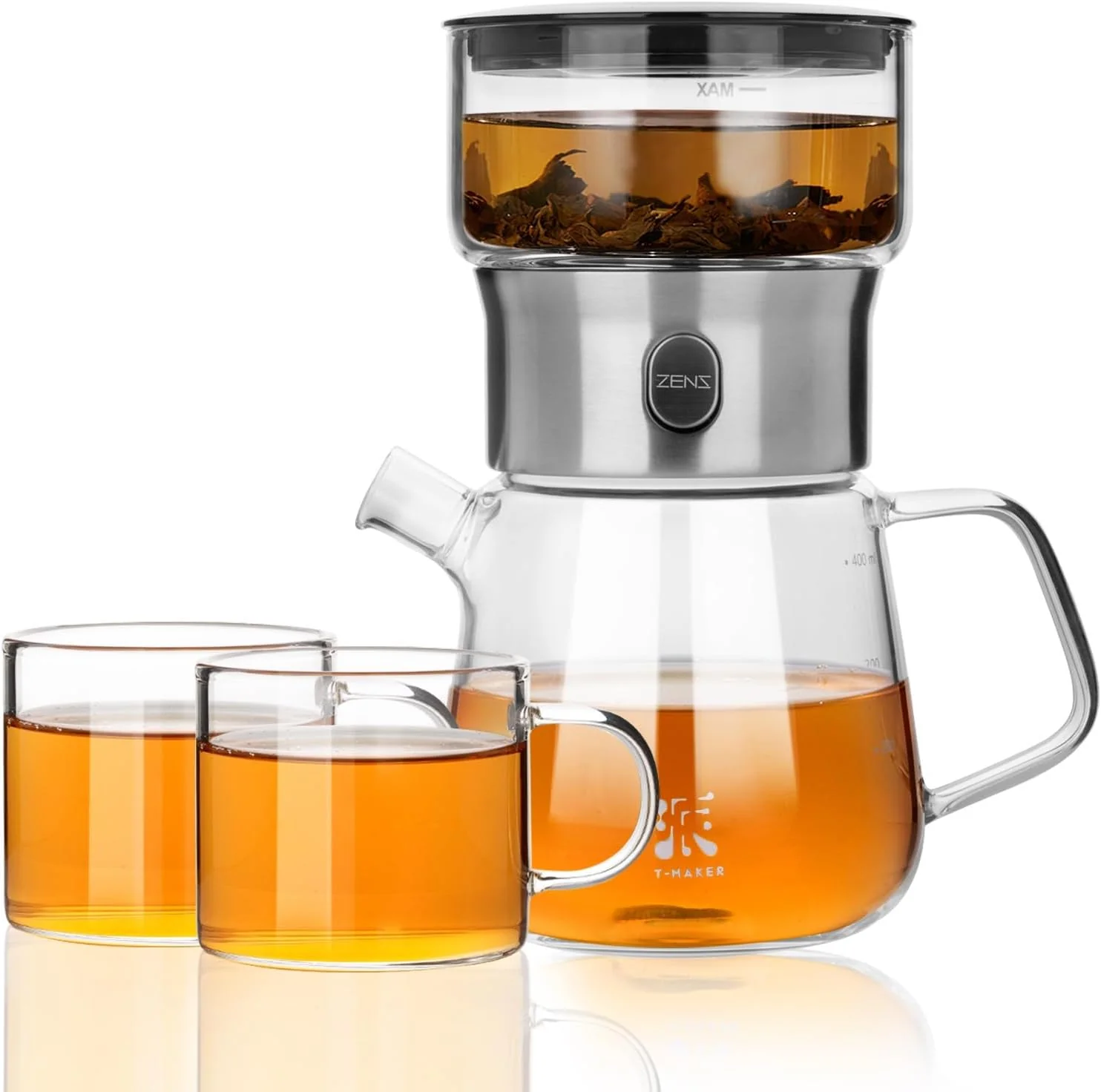High-Performance ZENS Modern Glass Infuser Pot Set with 2 Cups One Touch Loose Tea Maker Tea Pot Mess Tea Steeper with 13.5oz Glass Teapot TeaDiffusers for Herbal Tea Lovers Black Casual