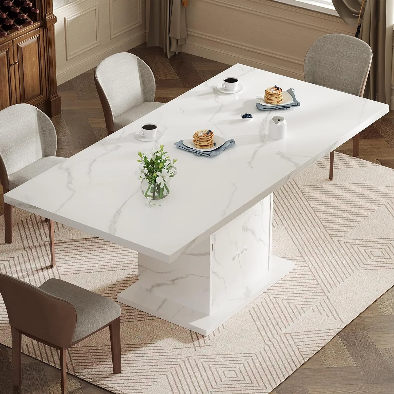 Original White Extendable Faux Marble Rectangular Dining Table Consistent
