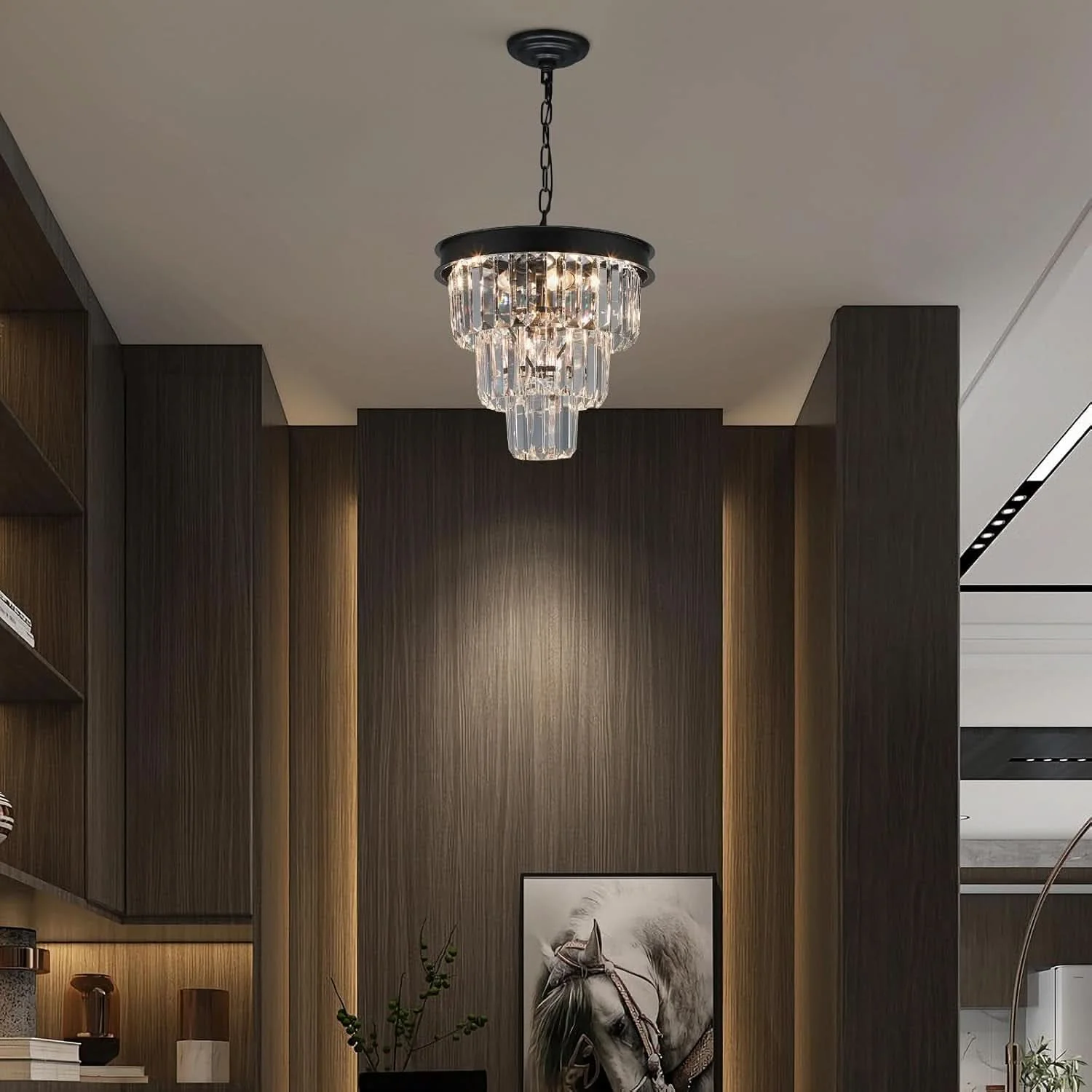 Premium Material Black Four Light Crystal Chandelier Dining Pendant Comfortable