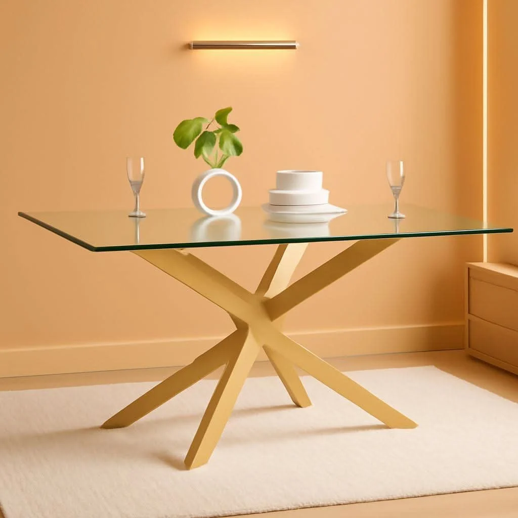 Elite Rectangular Tempered Glass Dining Table Gold Finish Proven