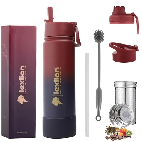 Practical Lexlion 22 Oz Triple Walled Insulated Stainless Steel Fruit Infuser Water Bottle 3 Lids Silicone Sleeve Leakproof Dishwasher Safe Fine Crafted