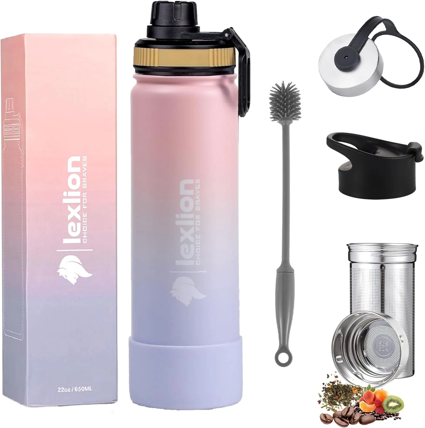 Flexible Lexlion Tea Infuser Bottle – Fruit Infuser Water Bottle 22 Oz Triple Walled Insulated Stainless Steel Bottle Thermal Leaf Silicone Sleeve Elegant