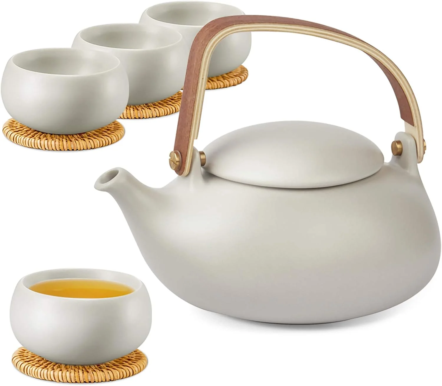 Certified Zens Vintage Japanese Tea Set 27oz Ceramic Japanese Teapot with Infuser Wood Handle Matte Gray Teapot with Strainers and 4 Cups for Tea Party User-Friendly