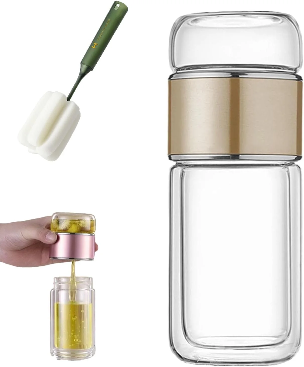 Solid QUROXO 2025 New Glass Infuser 3-In-1 Smart Tea Infuser with Cup Brush Double-Layer Borosilicate Glass Tea infusers Separation Cup Gold 350ml 12oz Genuine