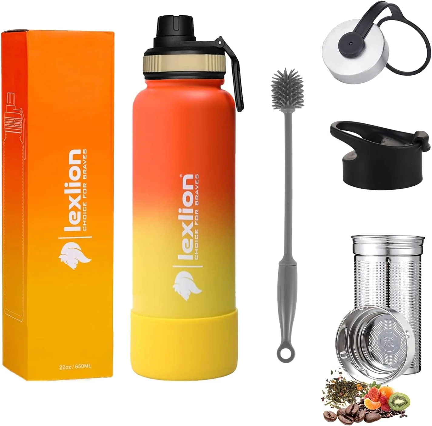 High-End Lexlion Tea Infuser Bottle – Fruit Infusion Water Bottle 22 Oz Triple Walled Insulated Stainless Steel Bottle Thermal Leaf Infuser Silicone Sleeve Smooth