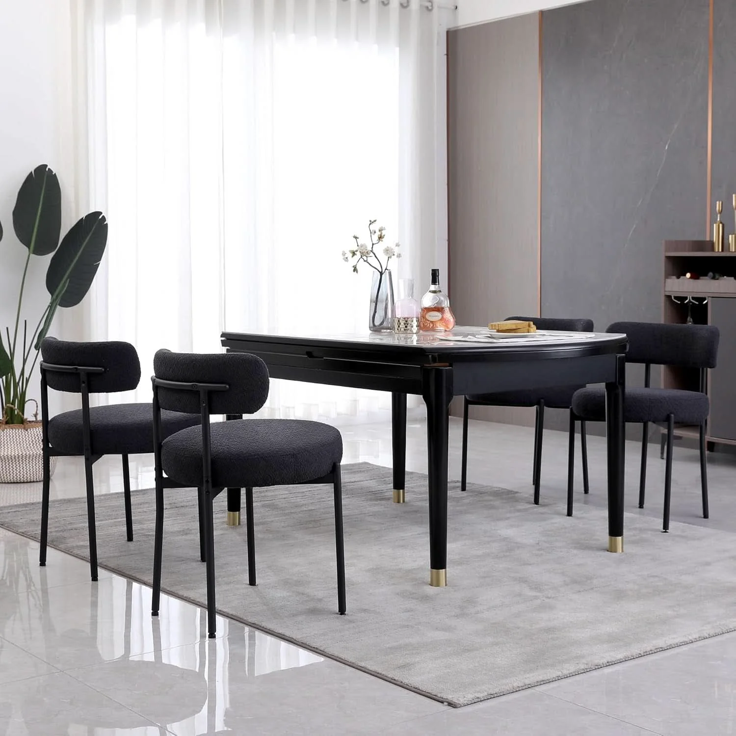 Recyclable Black Boucle Upholstered Dining Chairs CurvedBack Set High-Quality