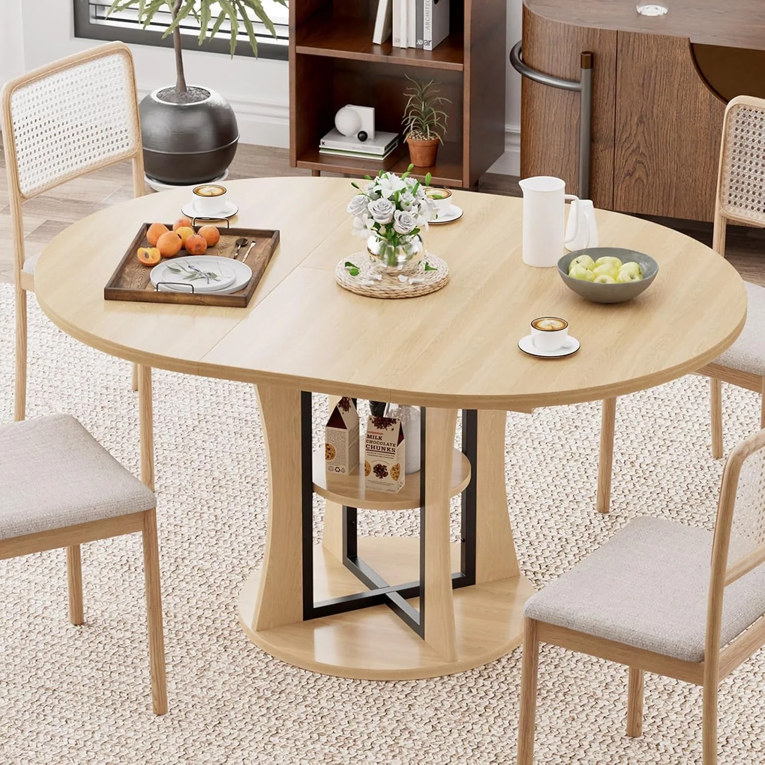 Natural Oak Extendable Round Dining Table Furniture Lightweight