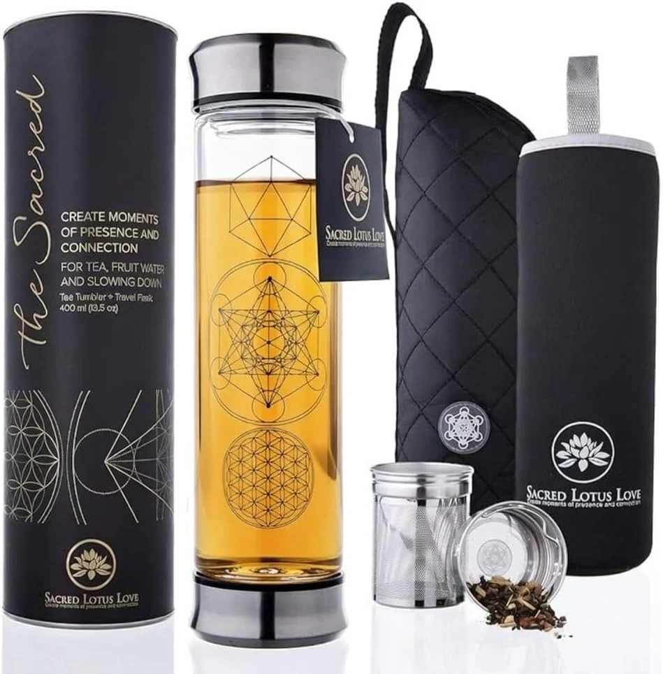 Detailed Sacred Lotus Love Double-Walled Glass Tea Infuser Bottle 14oz Portable Travel Mug with Strainer and Sleeve for Loose Leaf Tea Coffee Smoothies – Insulated Tumbler with Lid for Hot and Iced Beverages Breathable