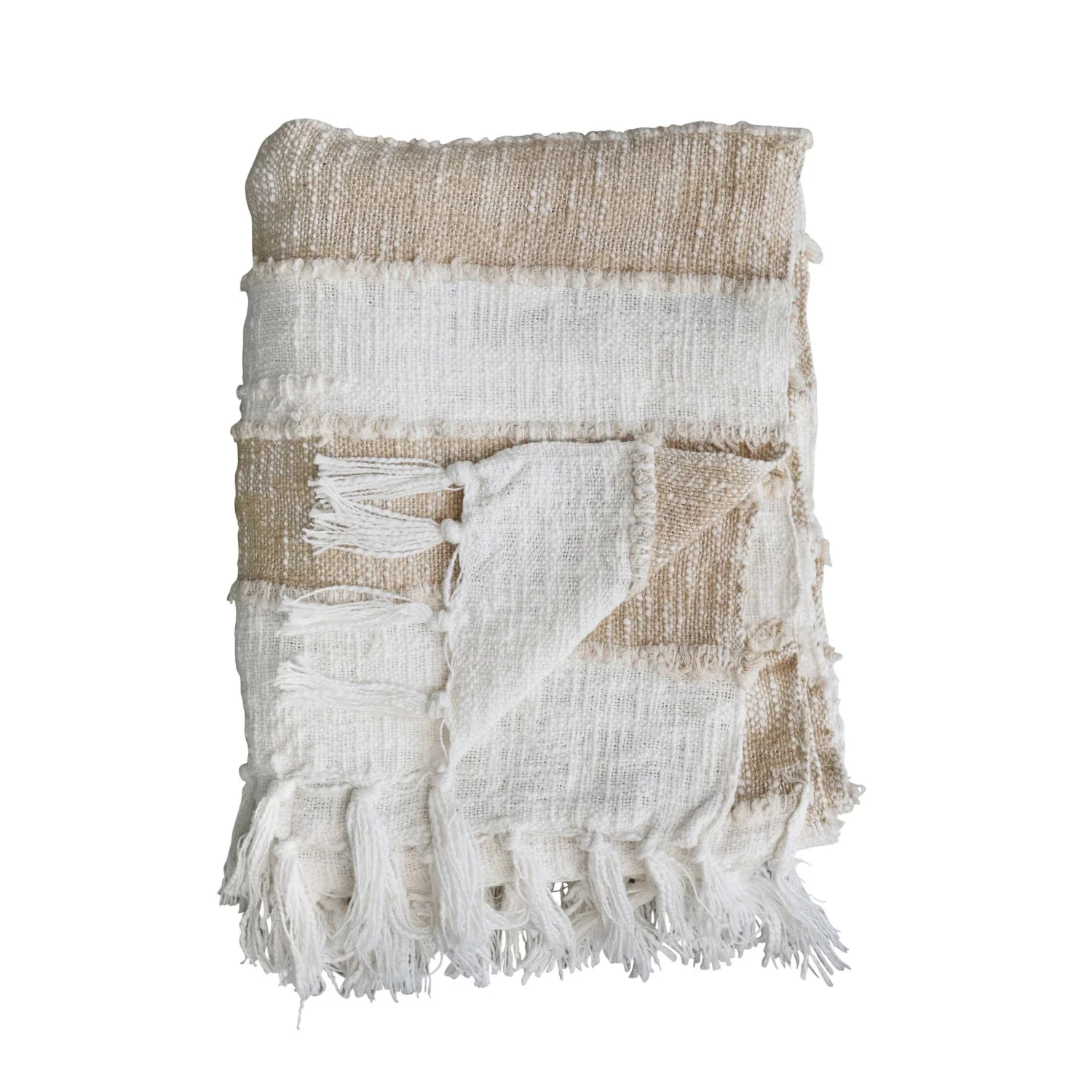 Casual Woven Cotton Throw w Stripes Fringe Tan Color Natural Professional