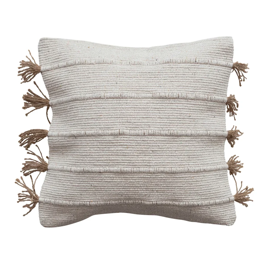 Outstanding Woven Jute Cotton Dhurrie Pillow w Tassels Polyester Fill Verified