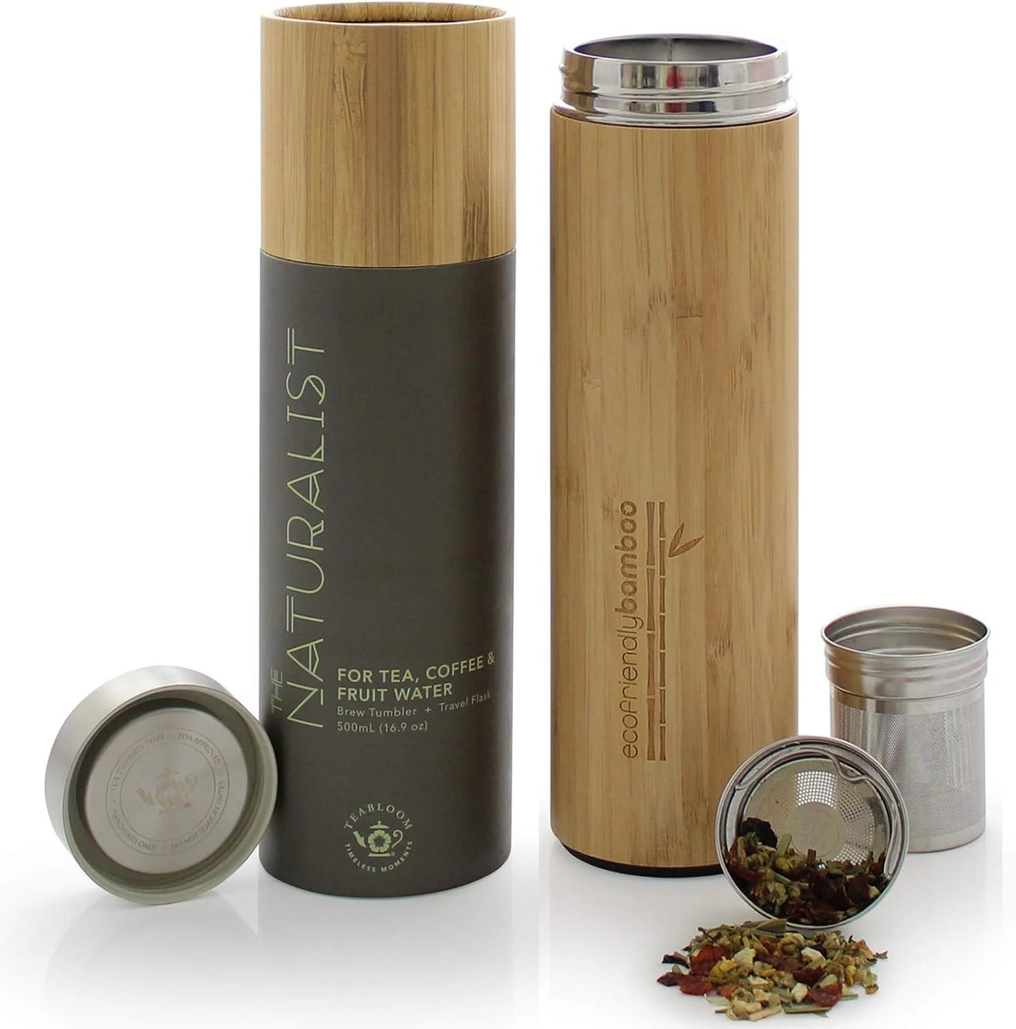 Dependable Teabloom All-Beverage Travel Tumbler – Large Capacity 17 oz 500 ml – Insulated Thermos Mug – Eco-Friendly Bamboo – Hot and Cold Tea Infuser Crafted
