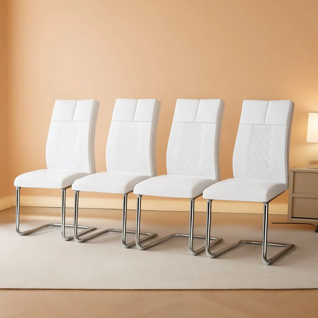 Safe White Faux Leather Dining Chairs Four Pack Chrome Finish Original Design