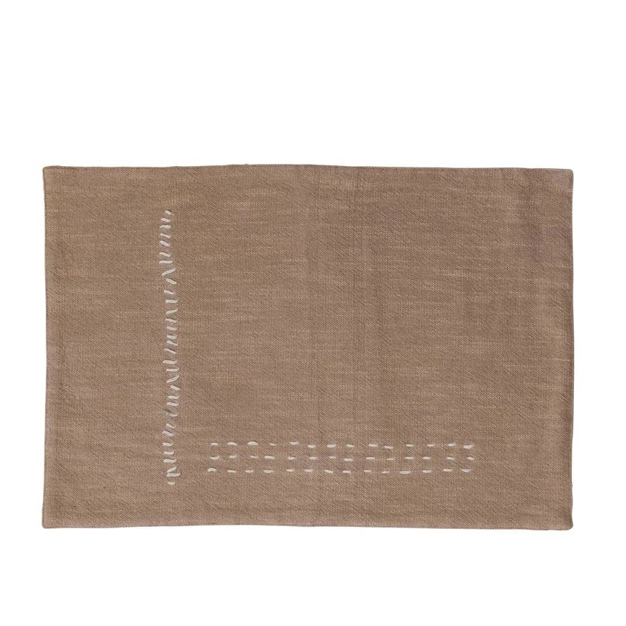 Superior Hand-Embroidered Cotton Slub Placemat Tan Color – Set of 2 Smooth
