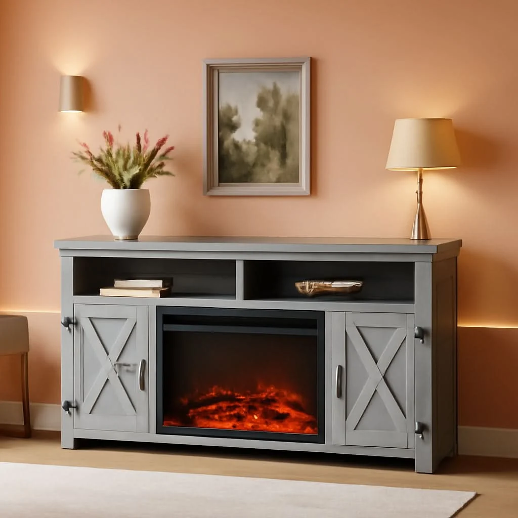 Casual Rustic Fireplace TV Stand 65 Inch with Barn Doors Grey Wash Unique