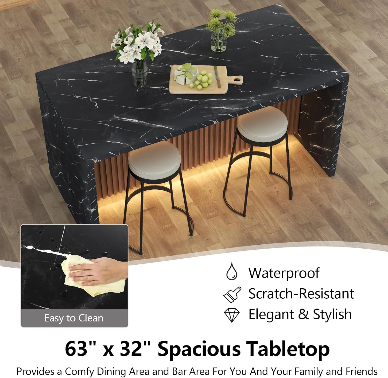 Sustainable 63 Inches Black Imitation Dining Table Illuminated Fine