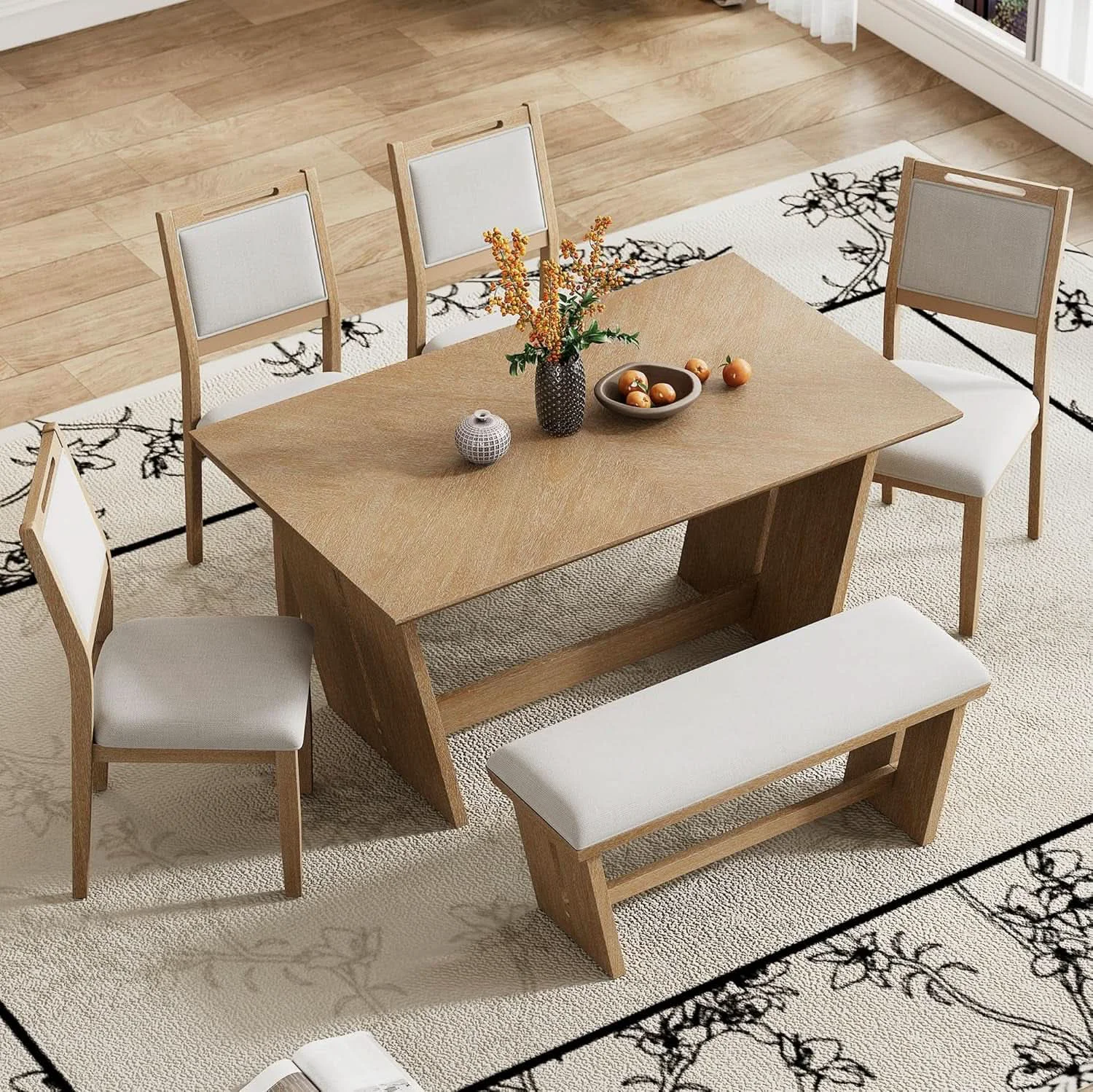 Elite Natural Vintage Rustic Handcrafted Dining Table Set Safe