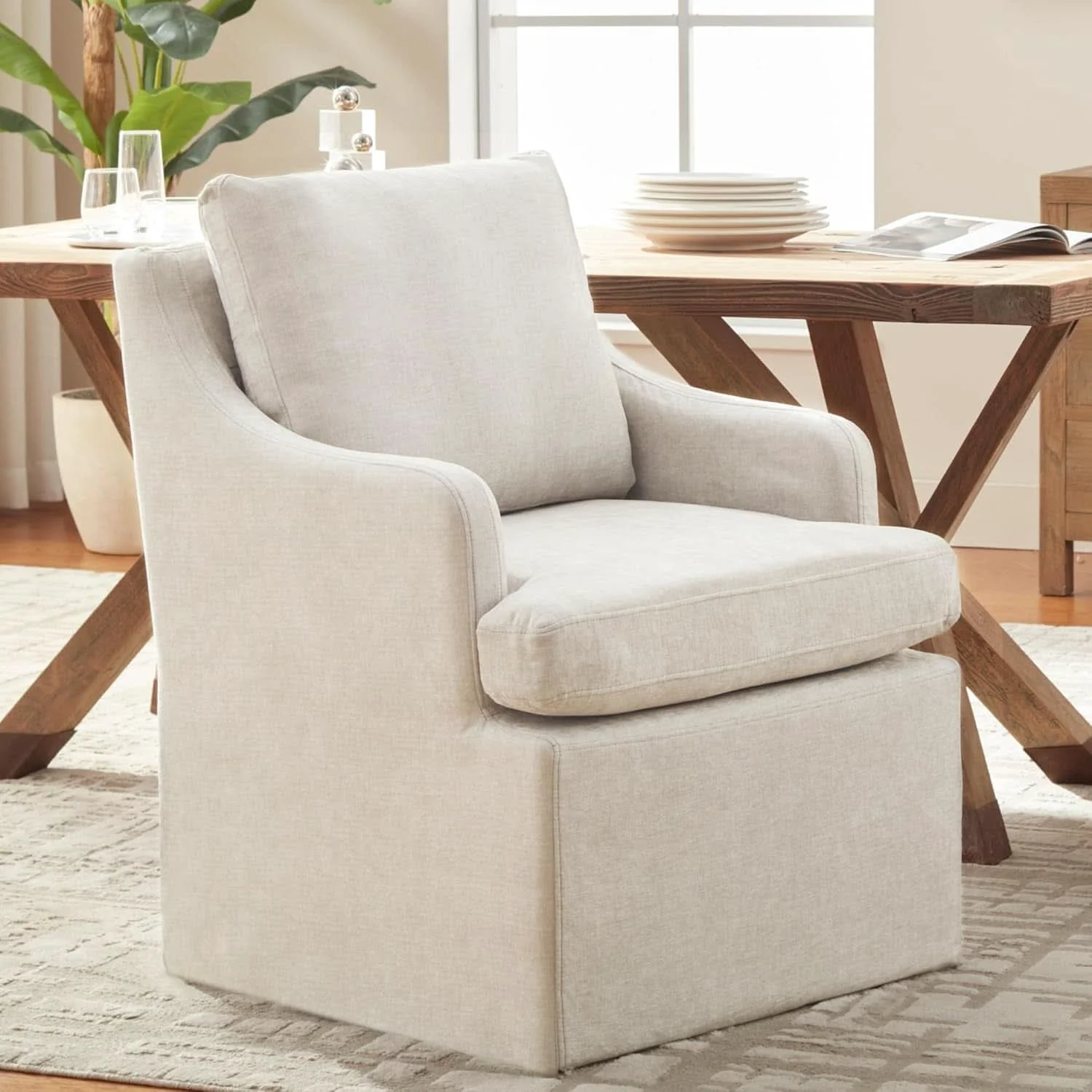 Pure Beige Upholstered Dining Chairs With Silent Casters Lightweight