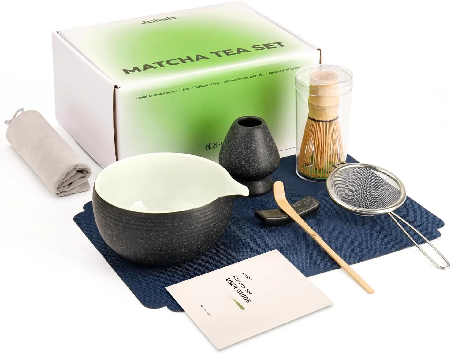 Expertly Made 7 Pcs Matcha Kit Set Matcha Whisk and Bowl with Spout Powder Sifter Whisk Holder Bamboo Scoop and Scoop Rest Fine