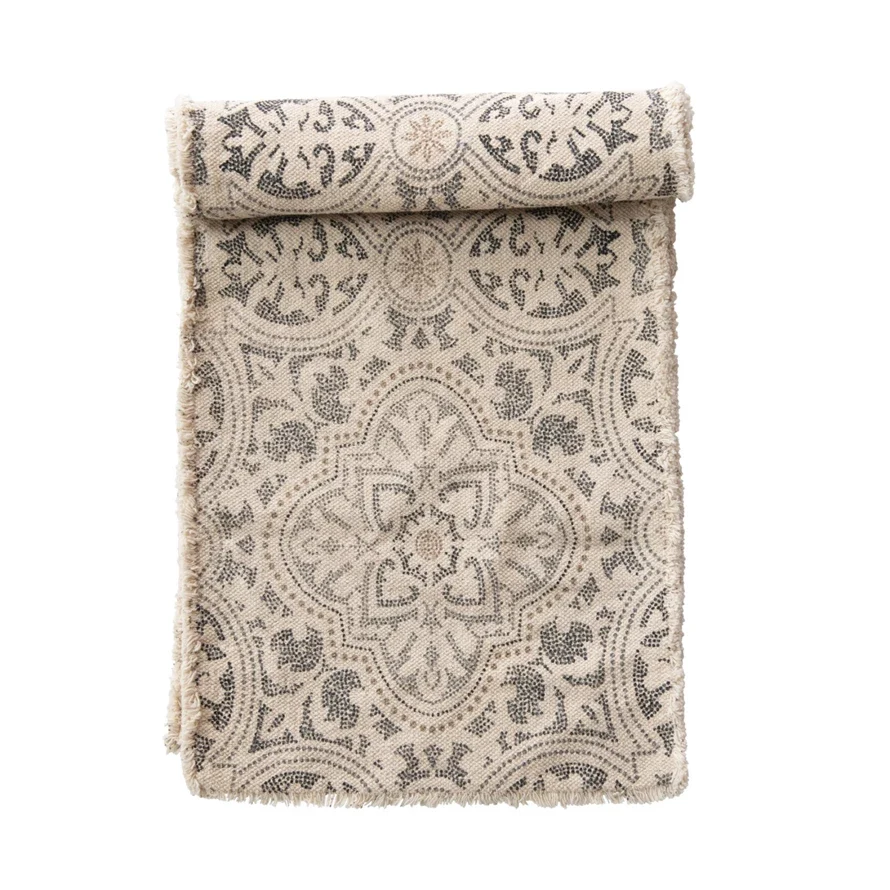 Verified Table Runner w Fringe Grey Cream 72 x 14 Functional