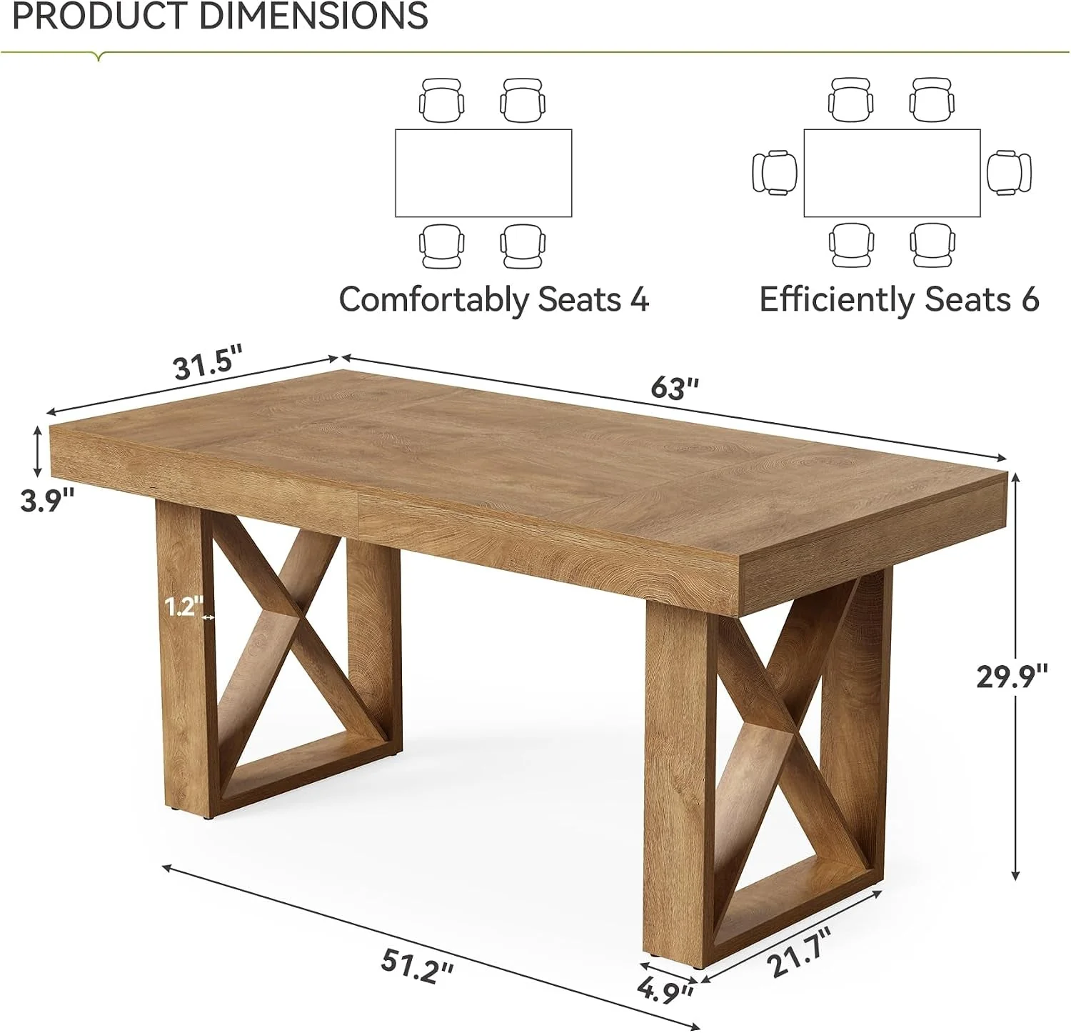 Next-Generation 63 Inches Rectangular Farmhouse Kitchen Dining Table Genuine