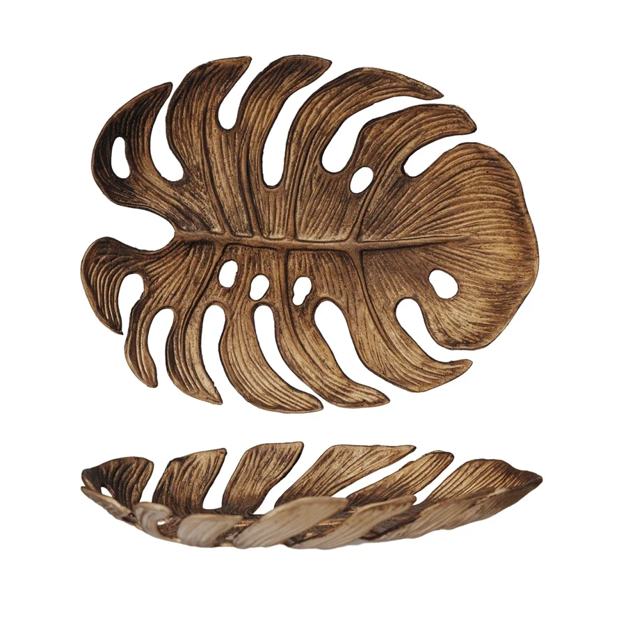 Artisan Pewter Monstera Leaf Decorative Tray Antique Gold Finish Prestigious