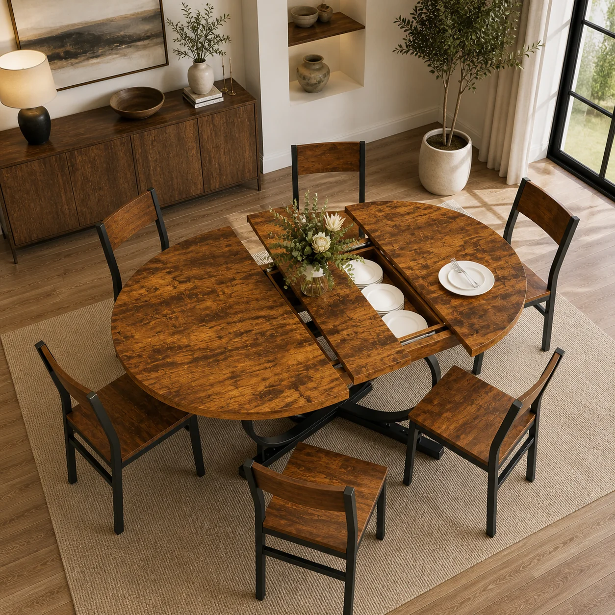 Unique Extendable Oval Dining Table Set WalnutWood Chairs Minimalist