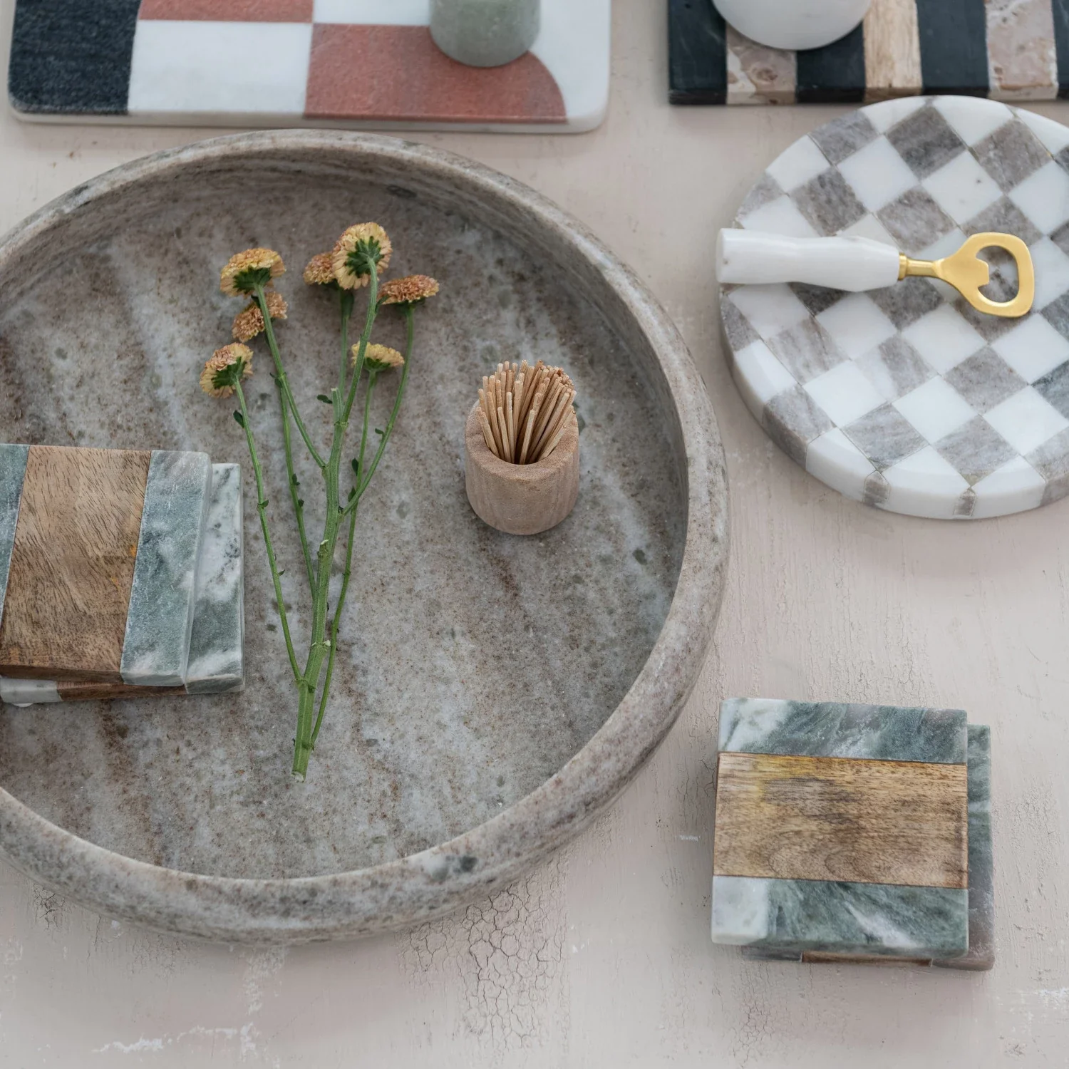 Easy-to-Use Green Marble Wood Coasters Set of 4 Excellent