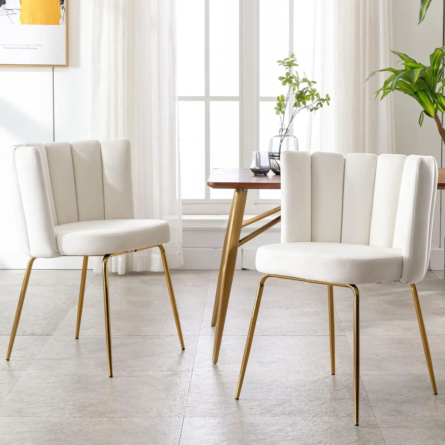 Luxury Cream Velvet Upholstered Dining Chairs Goldtone Legs Traditional