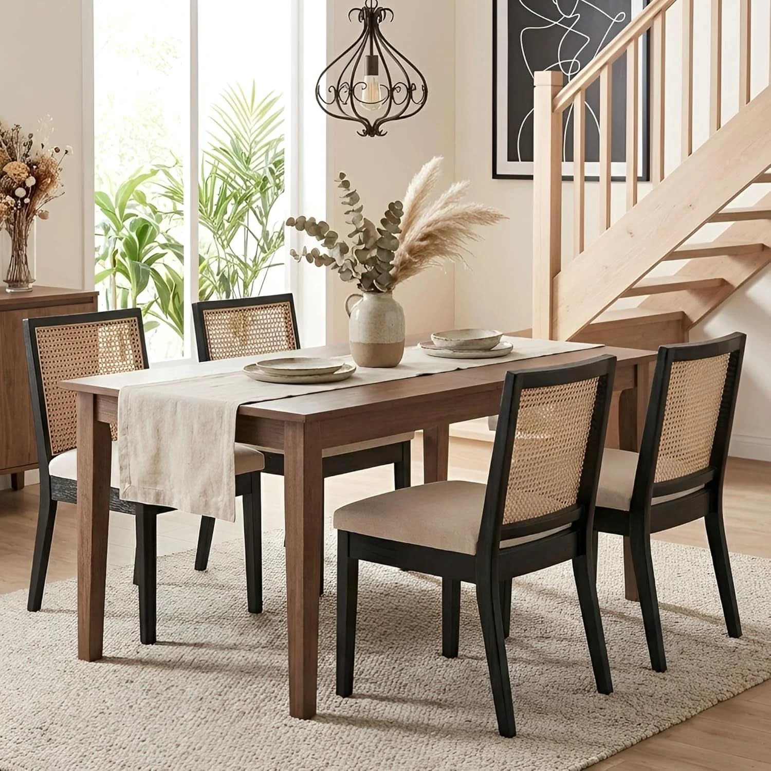 Detailed BeigeTextured Rattan Dining Chairs CaneBack Set Two Sustainable
